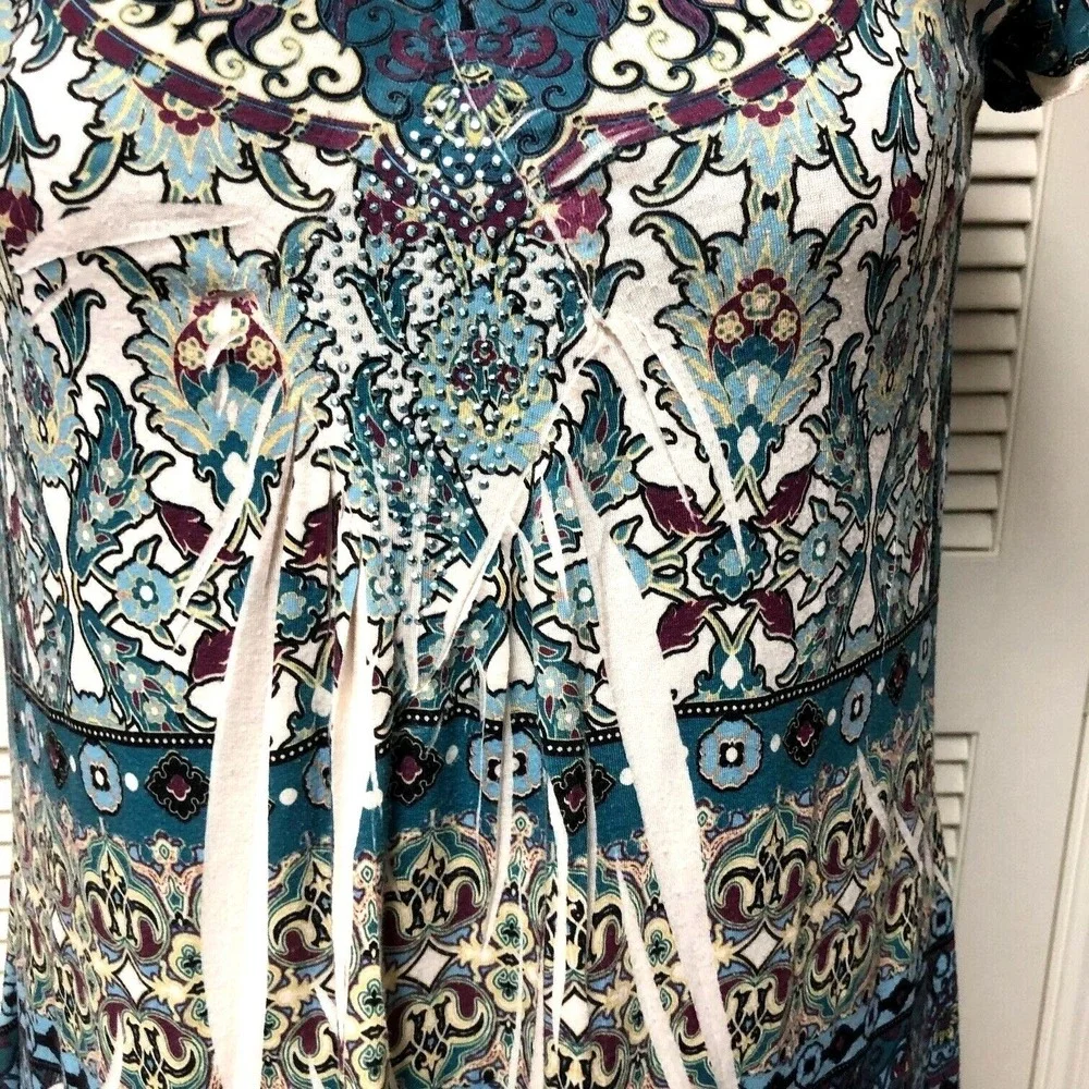 One World Tunic‎ Top V-Neck Blue Abstract Rhinestone Stretch Casual Womens XL